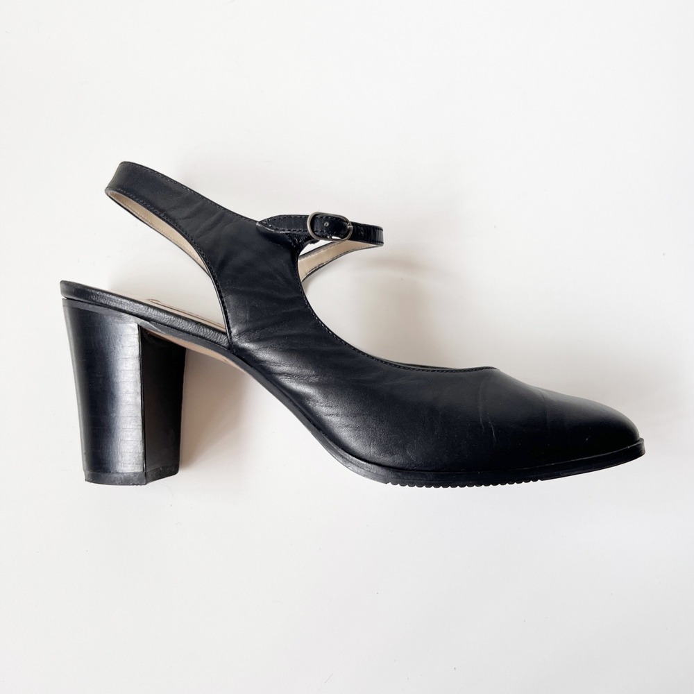 Vintage Mary Jane Slingback Heels Black Leather Block Heel Round Toe 90s Size 8 - Picture 3 of 10